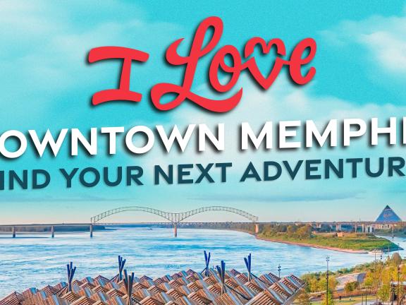I love downtown memphis graphic hero with skyline shot of tom lee park