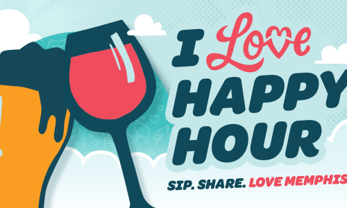 I Love happy hour in blue and red colors with a wine and beer glass cheersing