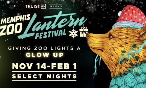 Black background with Memphis Zoo Lantern Festival type and an orange bear in a santa hat and blue flur