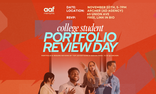 "AAF College student Portfolio" with red background and pictures of 4 studnets beneath