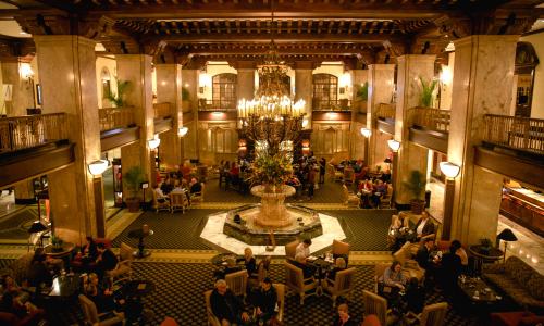 interior shot of peabody lobby with duck fountain