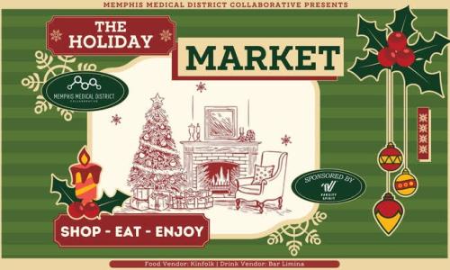 The Holiday Market: Green background with mistletoe and ornaments and a picture of a christmas tree and fireplace with lots of presents