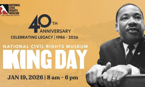 Martin Luther King Jr against a yellow background with the "NCRM King Day Jan 19 8am-6pm" infromation typed out in black and white font