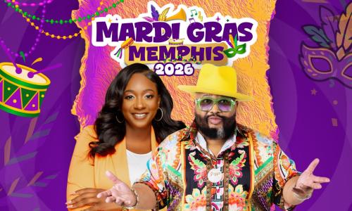 an african american man and woman dresssed in bright yellows and greens in front of a purple, yellow, and green mardi gras themed background