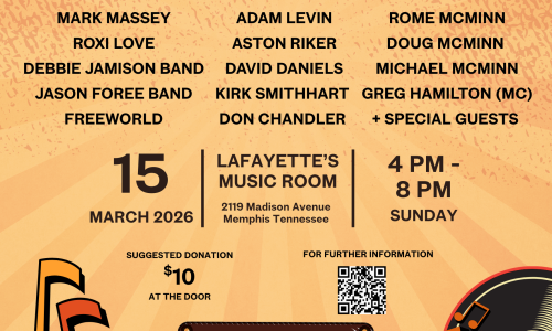 orange poster with a list of musicians names on it