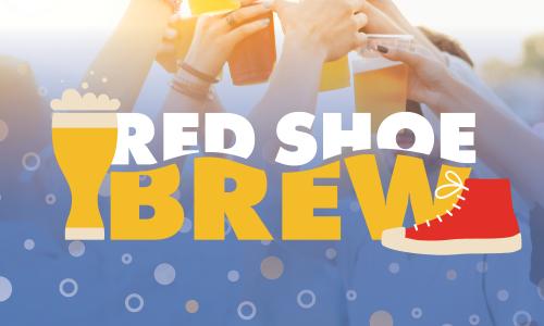 Red Shoe Brew in white and yellow letter with a yellow cartoon of a bubble beer and a red shoe converse cartoon