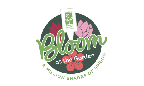 "Bloom:at the garden" in green text over an image of three flowers that are pink and red
