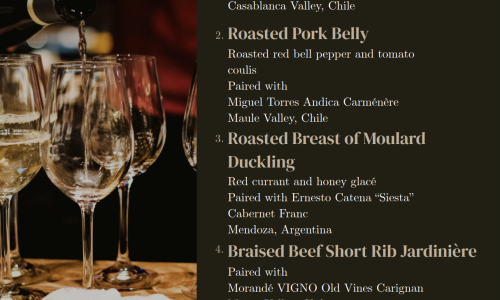 Paulette's Wine Dinner Menu with a picture of wine glasses being filled with a white wine