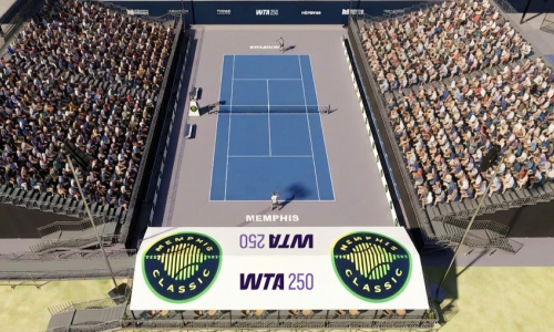 wide shot of a tennis court from above with people filling the stands