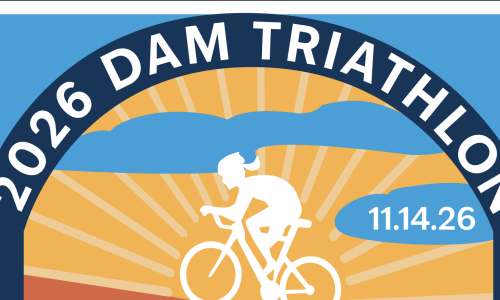 white sihloutte of a woman riding a bike against a yellow and blue background, 2026 DAM TRIATHLON