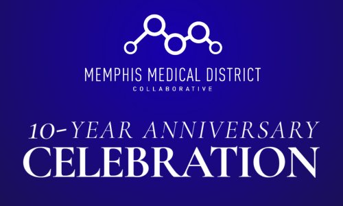 Memphis Medical District Collaborative 10-Year Anniversary Celebration event graphic on a blue background