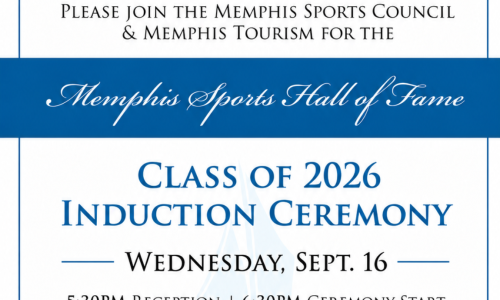 Memphis Sports Hall of Fame Class of 2026 Induction Ceremony invitation with September 16 date, 5:30 PM reception and 6:30 PM ceremony start
