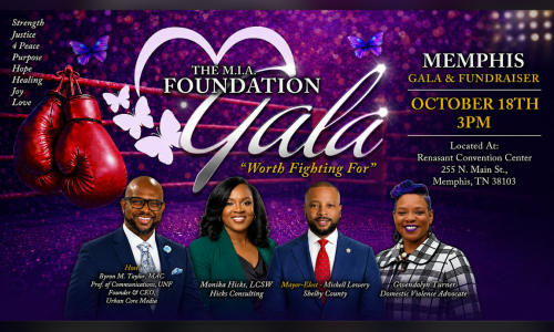 The M.I.A. Foundation “Worth Fighting For” Gala & Fundraiser graphic featuring four event speakers, boxing gloves and butterflies at the Renasant Convention Center.