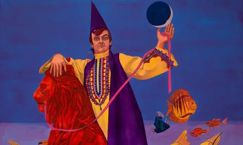 cartton picture of man in cone hat, wearing a purple robe  riding a red lion