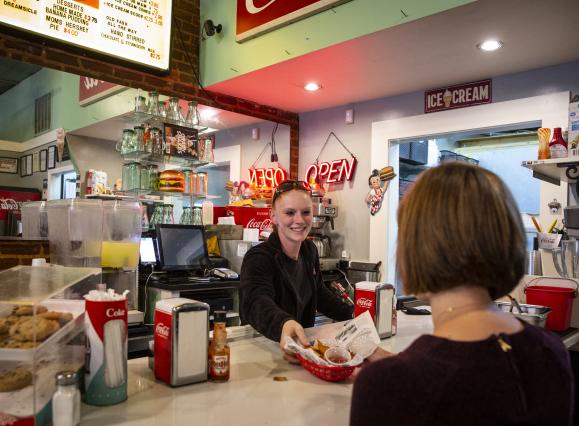 Customer being served at Dyers Hamburgers on Beale Street 