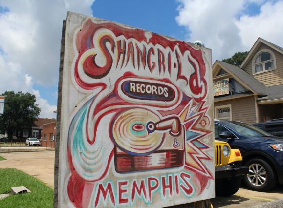 hand-painted sign for Shangri La Records