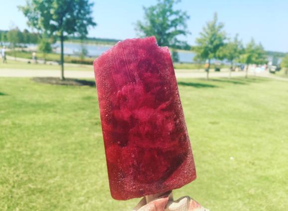 bright fushia fruity popiscle held up in front of grassy area and trees at Shelby Farms