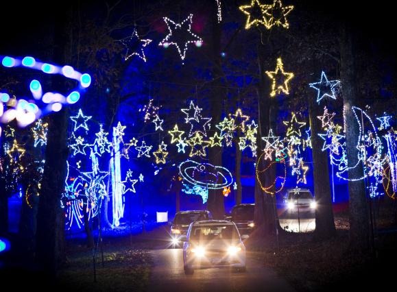 cars driving through blue and gold holiday lights at Shelby Farms at night