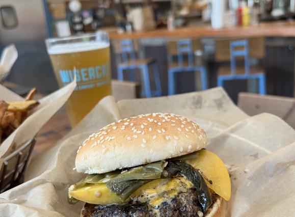 burger with jalapenos and peaches