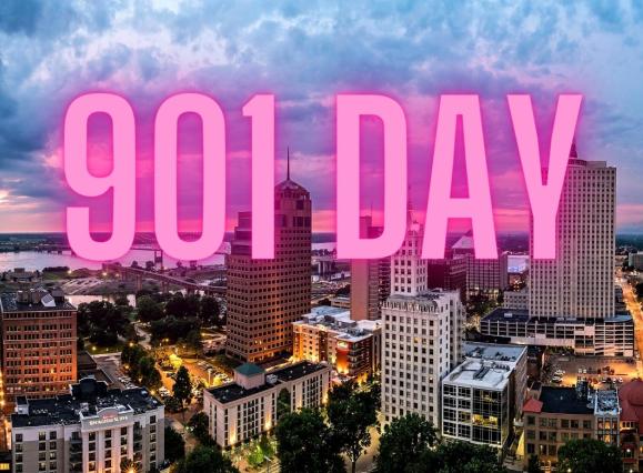 Memphis skyline with 901 Day in pink glowing letters on top