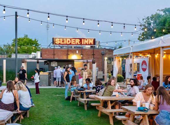 crowd at outdoor patio venue