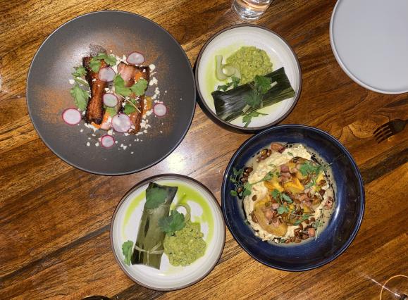 Photos of apps from The Lobbyist (tamales, corn hash & pork belly)