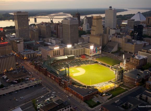 aerial view of Downtown Memphis and auto zone park
