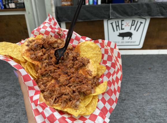 basket of bbq nachos