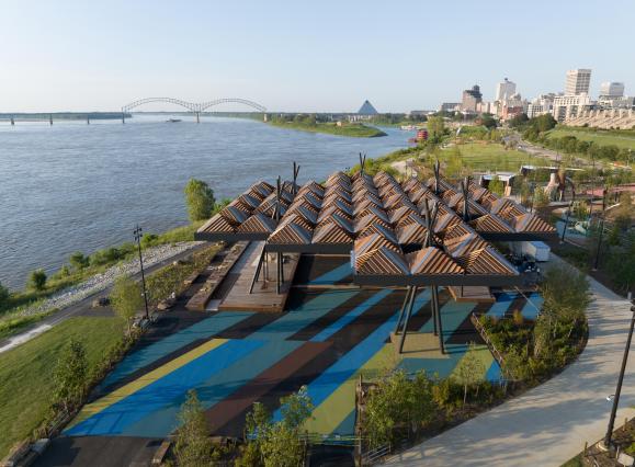 aerial photo of new tom lee park with sunset canopy