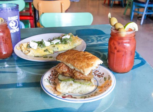 biscuit and omellet and Bloody Mary at sunrise