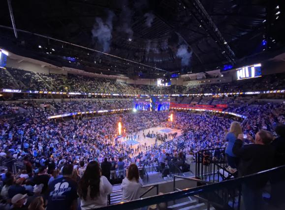 wide shot of crowd and court inside Fedex forum during memphis grizzlies opening night 