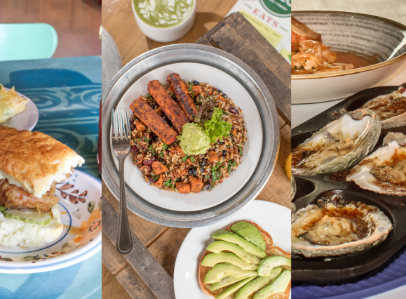 three photo of collage of food