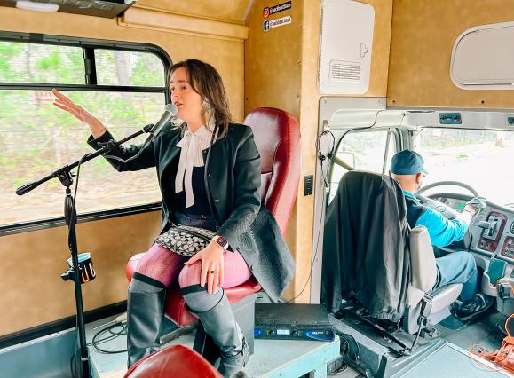 Tour guide Shannon speaks during backbeat true crime tour