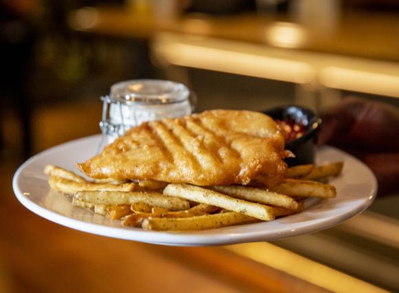 fish and chips on a platter