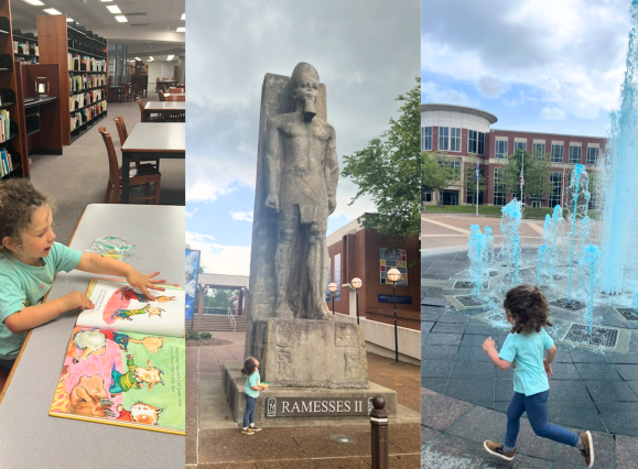 montage of three photos of child exploring u of m campus: photo one is child reading a book, second is child standing next to tall statue, and third is child running in front of blue water fountain