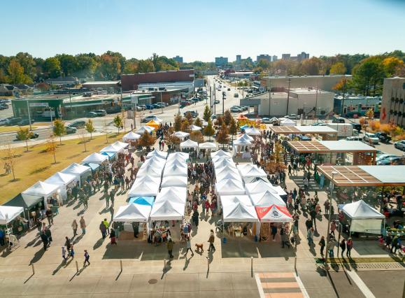 tents set up in plaza for crafts & drafts festival