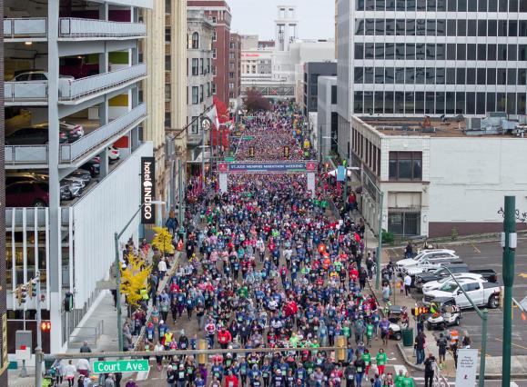 Overhead view of runners of the St. Jude Marathon in the streets of Memphis