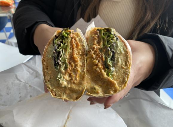 eggplant sandwich cut in half from Hard Times Deli