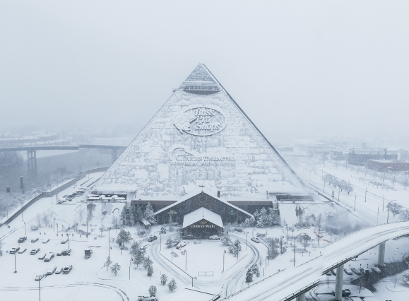 bass pro pyramid covered and surround by snow