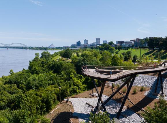 Memphis Flyway, a 220-foot elevated walkway over wetlands and tree canopies at Tom Lee Park
