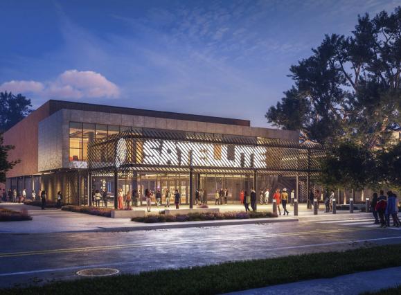 rendering of Satellite Music Hall exterior at night