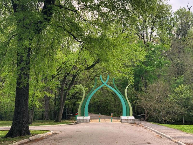 sculpture marking entrance of Overton Park trails
