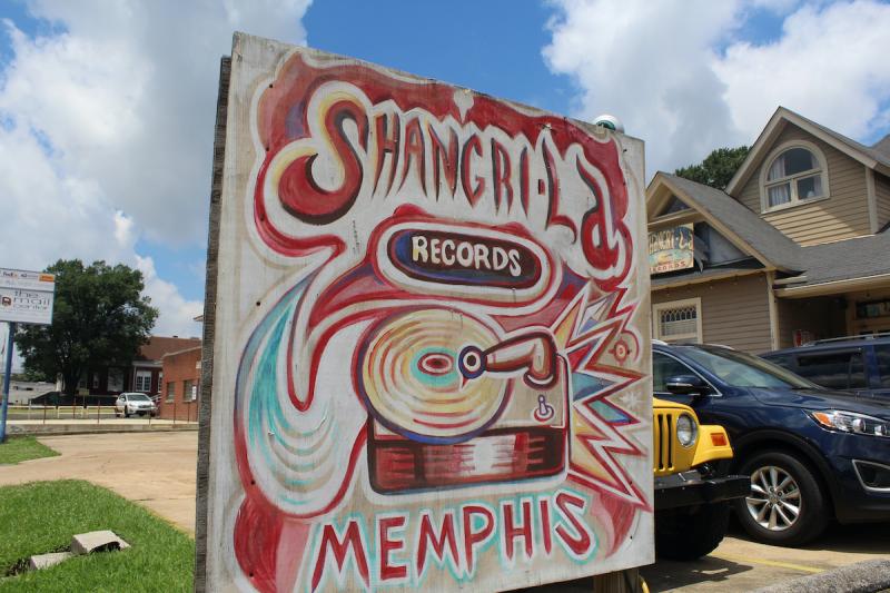 hand-painted sign for Shangri La Records