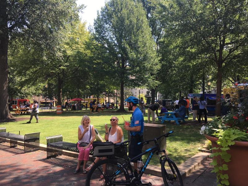 people at the park with food trucks