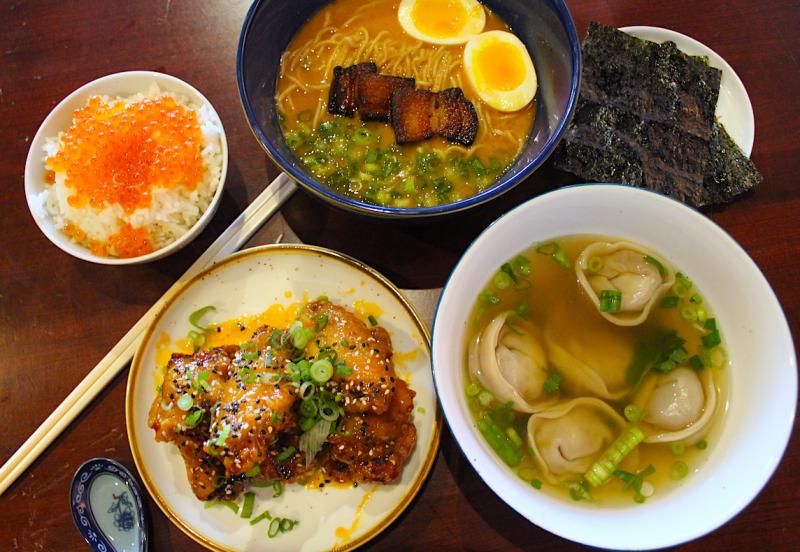 spread of ramen, rice, wontons, chicken at Good Fortune