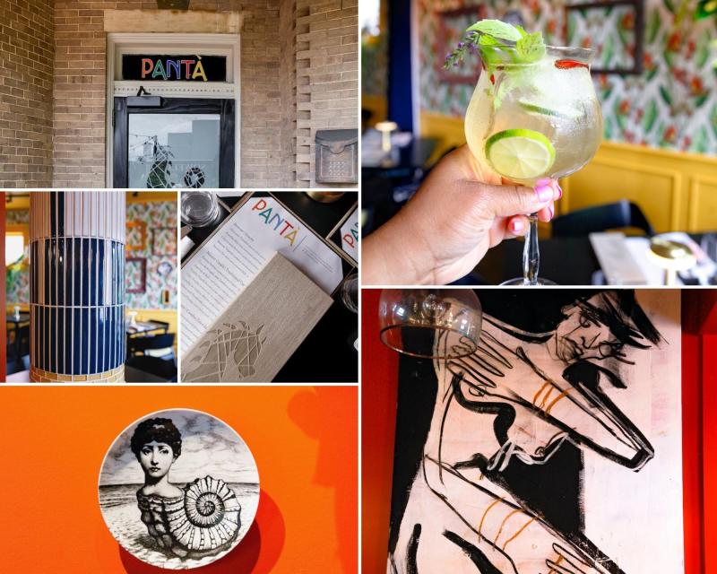 collage of details from a resturant including artwork, cocktail, doorway, menu