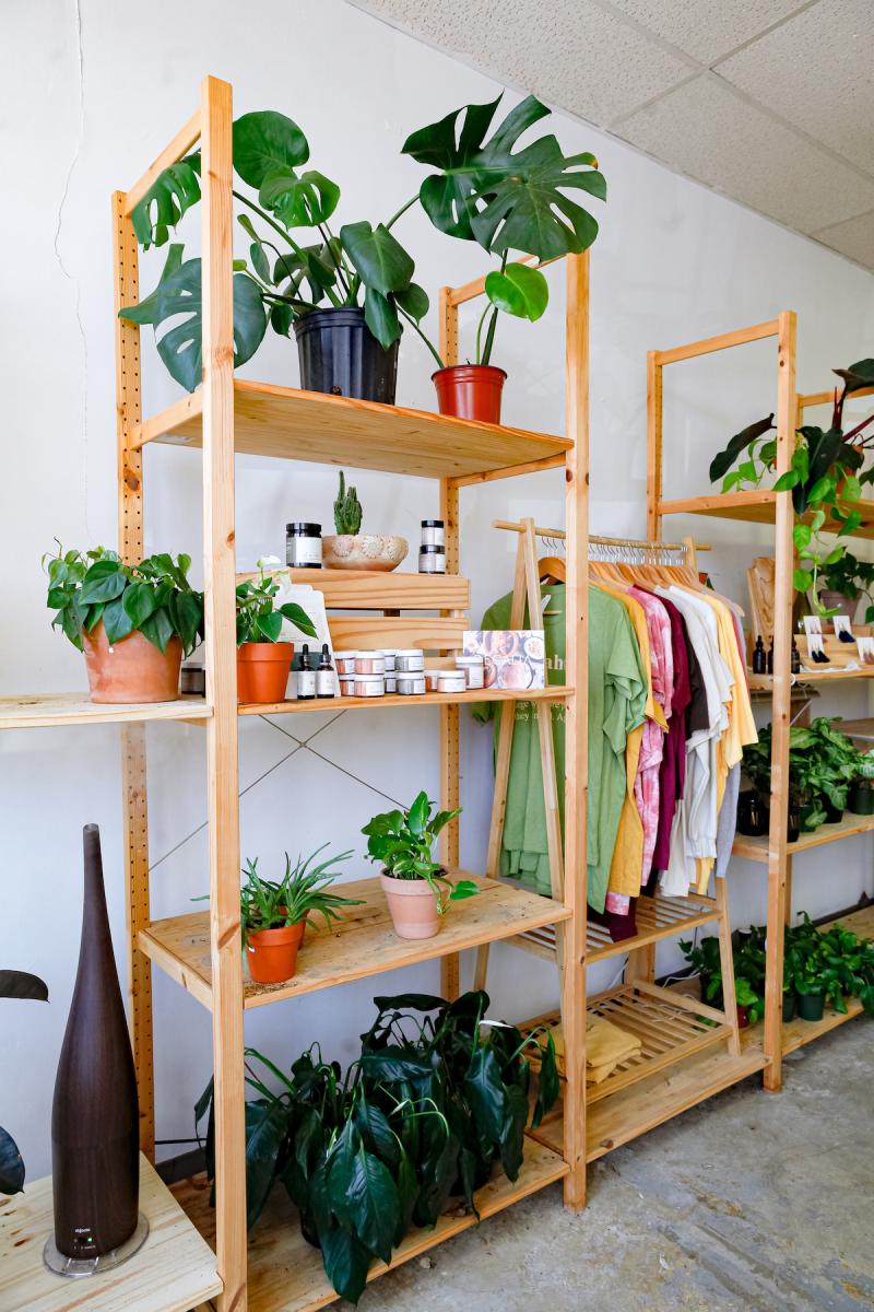 Plant and Gift shop Memphis table and shelves with leafy green plants