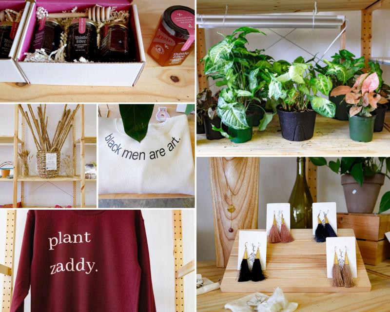 Terra Cotta Plant and Gift shop collage of details of plants, apparel, earrings, gifts