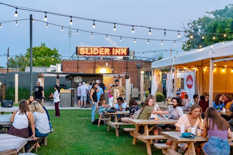crowd at outdoor patio venue