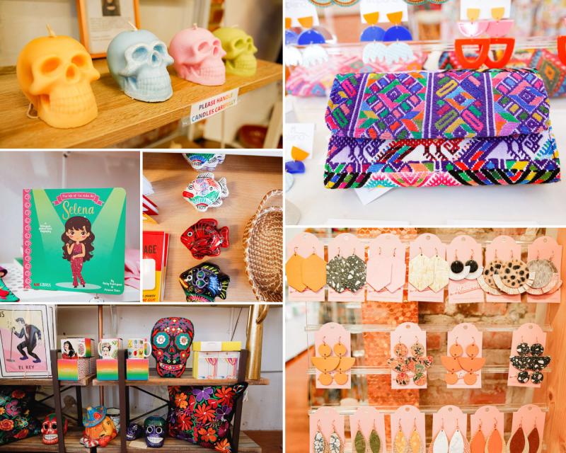 collage of gift items including candles, earrings, purse, children's book